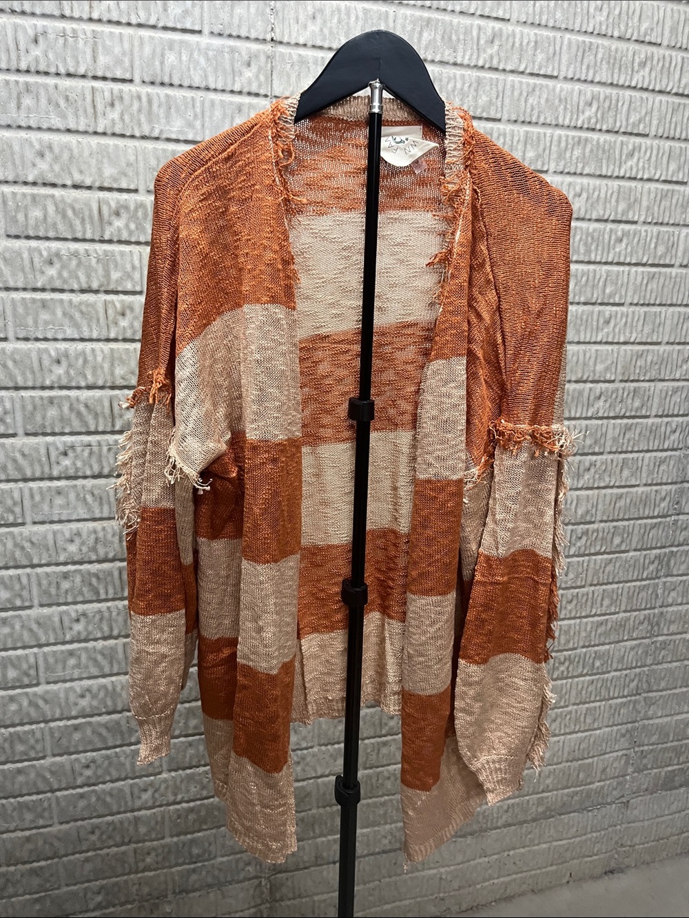 Fantastic Fawn Rust and Beige Checkered Open-Front Cardigan